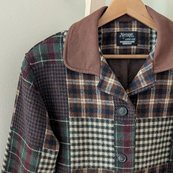 Vintage Wool Plaid Patchwork Button Up Jacket In Burgundy/Brown/Navy